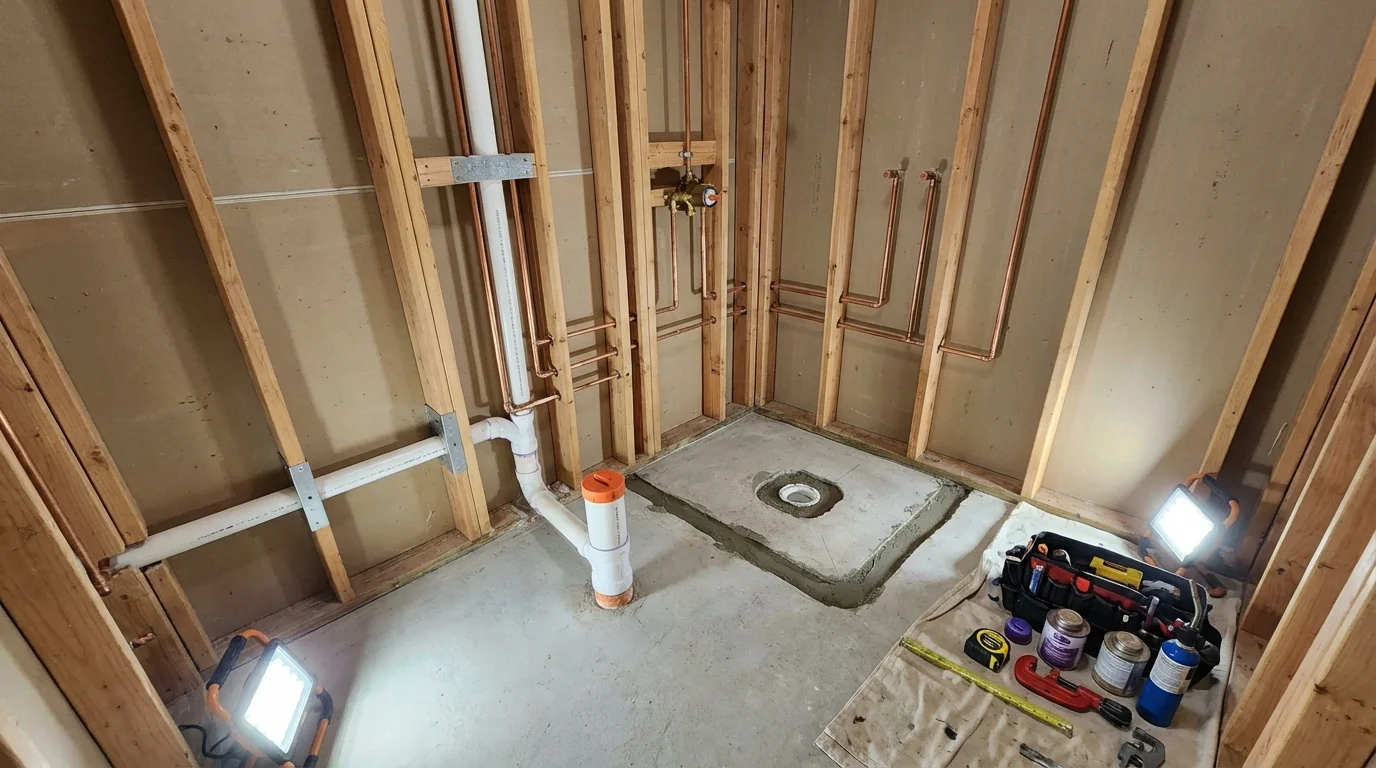 Bathroom rough-in plumbing during remodel by Johns Plumbing LLC in Lake Providence