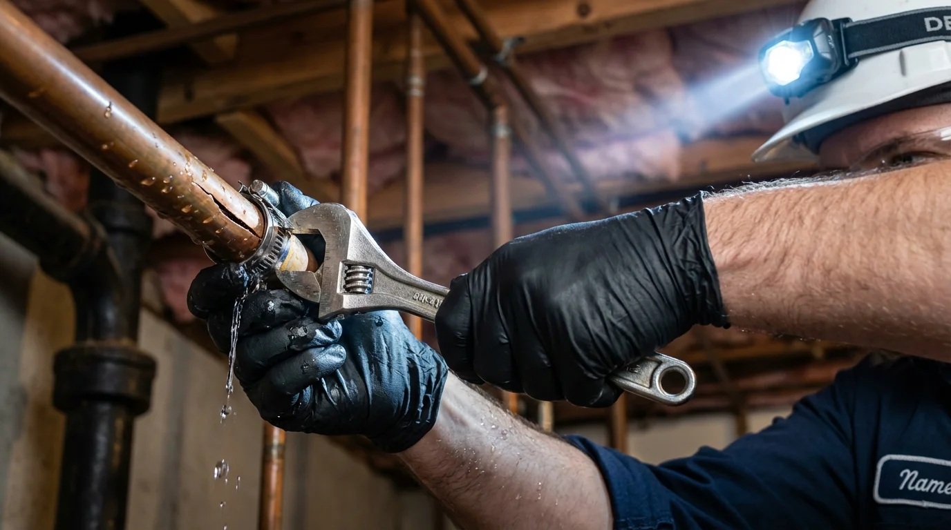 Emergency pipe clamp repair being performed by a Johns Plumbing LLC plumber in Lake Providence