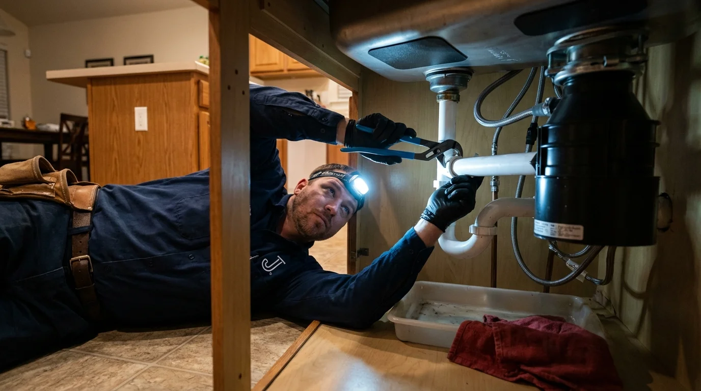 P-trap and supply line connections under a kitchen sink showing a common leak point in Lake Providence, LA